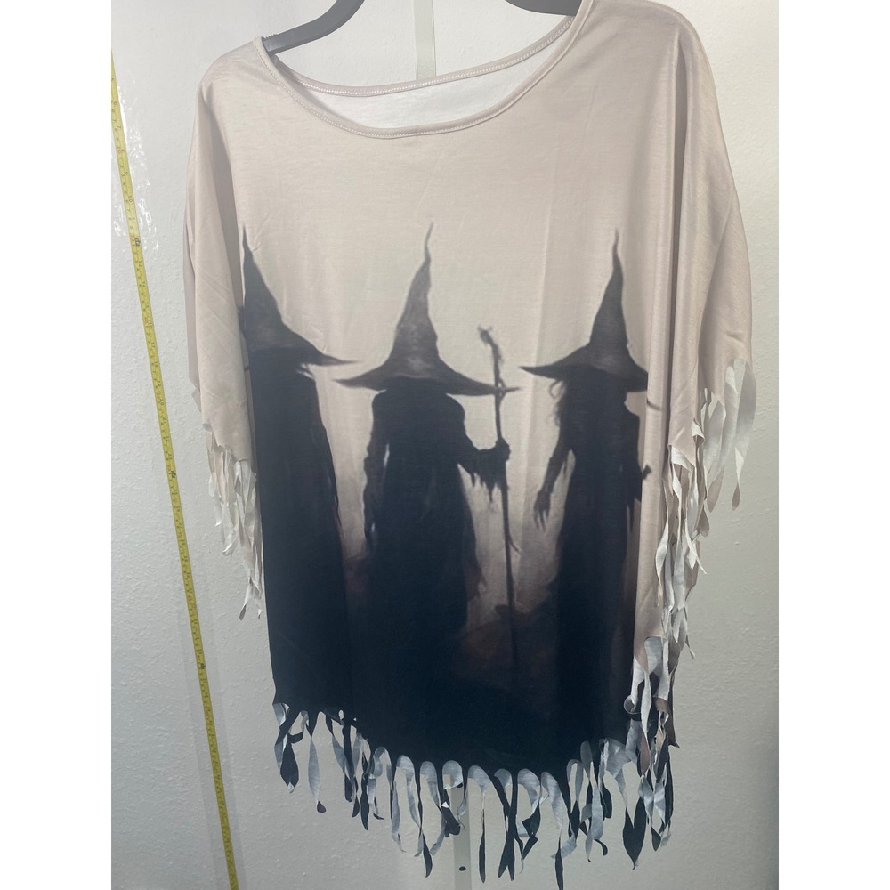 Witch Silhouette Graphic Fringe‎ Top Tan Black Ombre Halloween Gothic Shirt